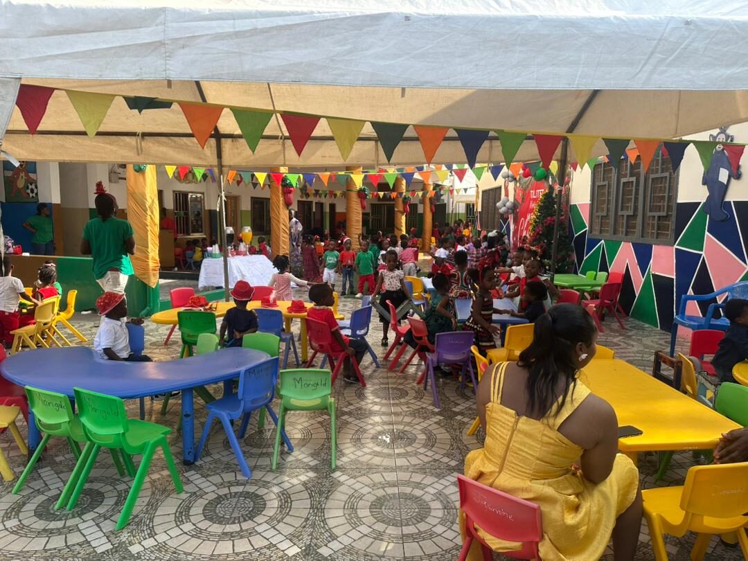 Children and teachers gathered for a school celebration at Tilitet